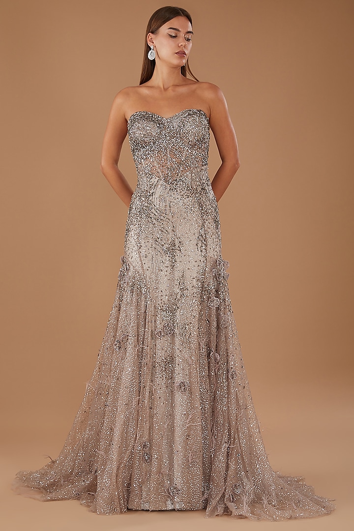 Pale Gunmetal Shimmer Tulle Crystal Hand Embroidered Bodycon Bridal Gown by Dolly J at Pernia's Pop Up Shop