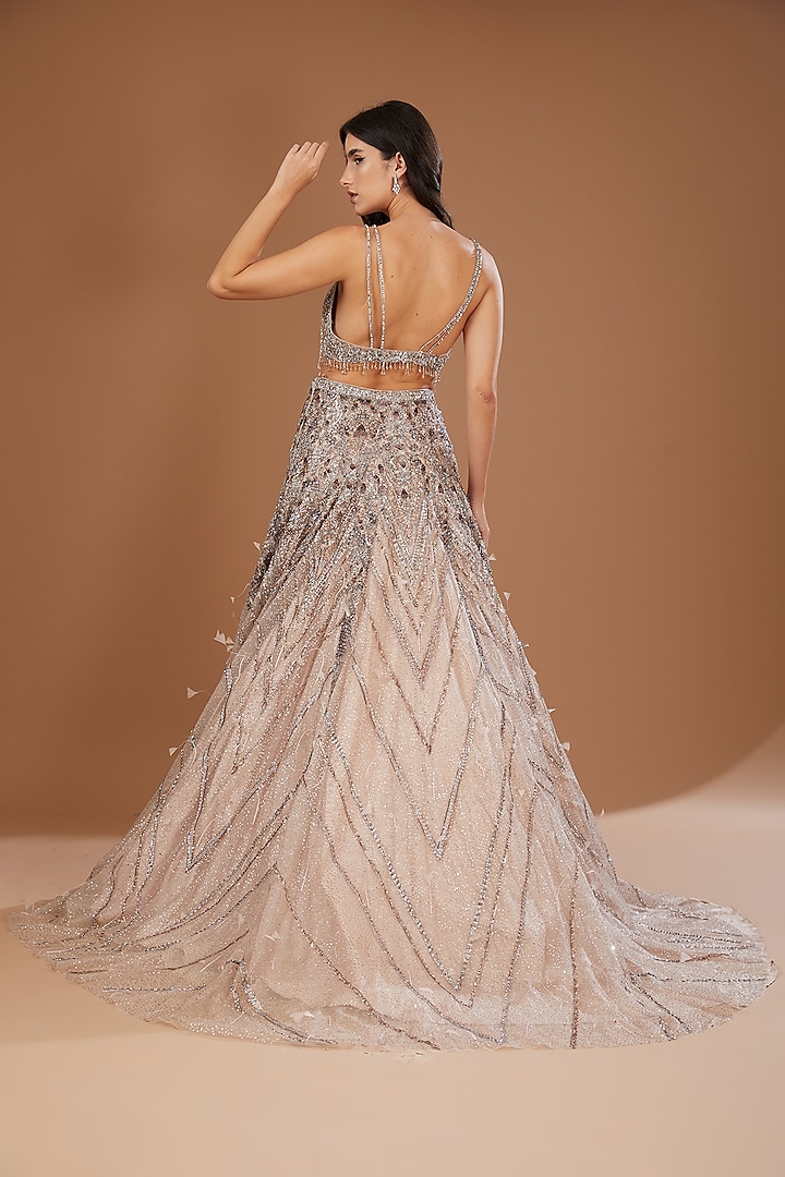 Silver Shimmer Tulle Embroidered Bridal Lehenga Set by Dolly J at Pernia's Pop Up Shop