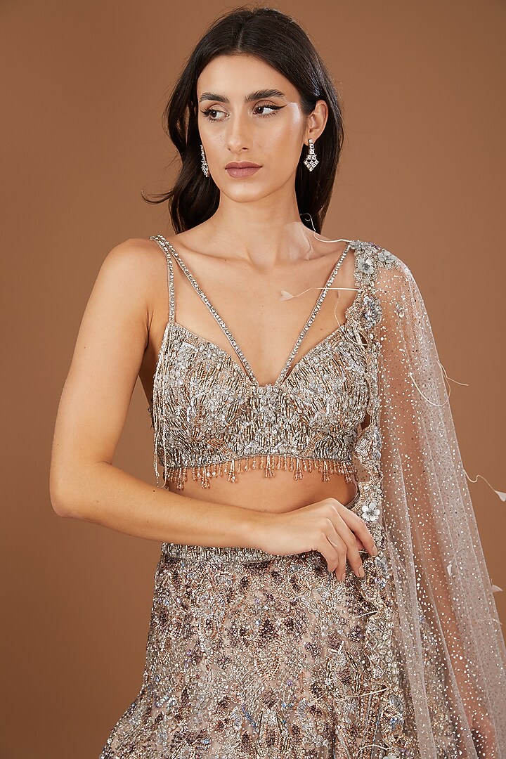 Silver Shimmer Tulle Embroidered Bridal Lehenga Set by Dolly J at Pernia's Pop Up Shop
