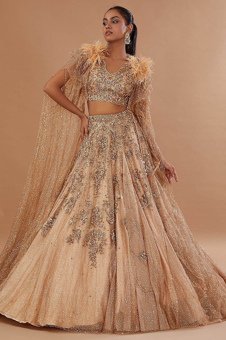 Beige Shimmer Organza Bridal Lehenga Set by Dolly J at Pernia's Pop Up Shop