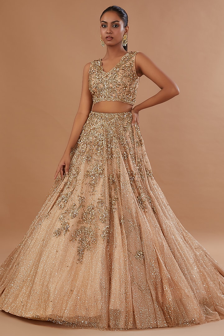 Beige Shimmer Organza Bridal Lehenga Set by Dolly J at Pernia's Pop Up Shop