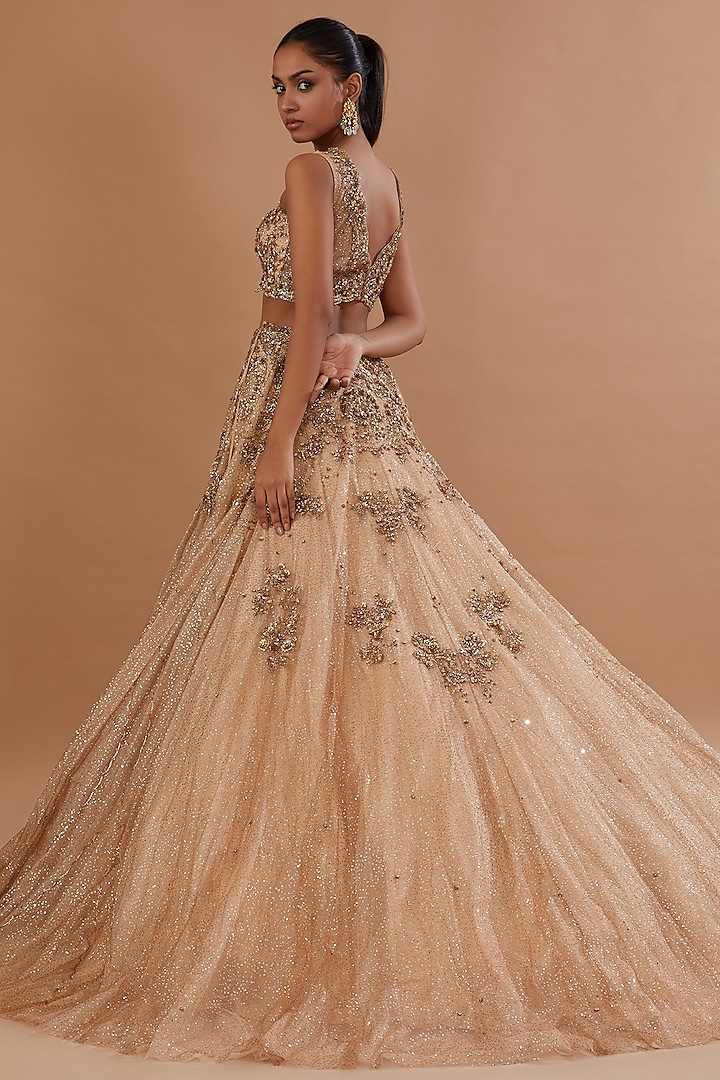 Beige Shimmer Organza Bridal Lehenga Set by Dolly J at Pernia's Pop Up Shop