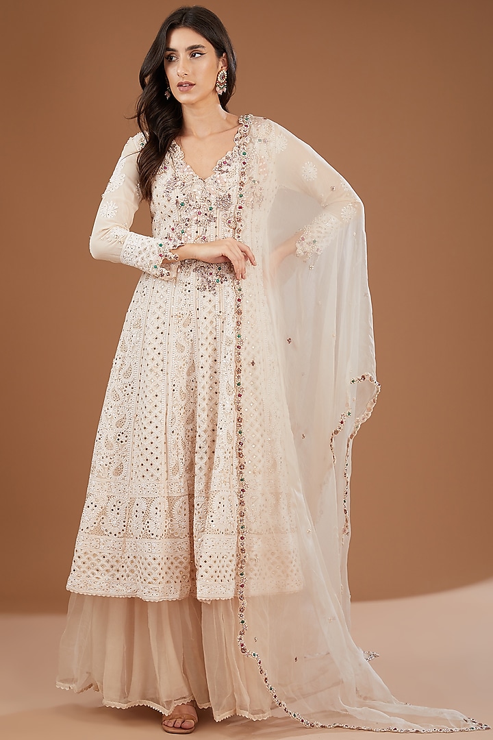 Ivory Chikankari Georgette Anarkali Set by Dolly J at Pernia's Pop Up Shop