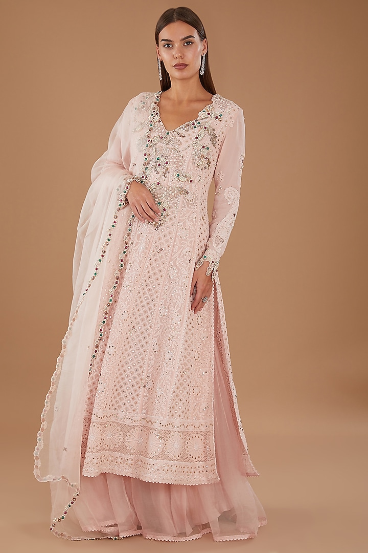 Ivory Chiffon Zardosi Embroidered Chikankari Kurta Set by Dolly J at Pernia's Pop Up Shop