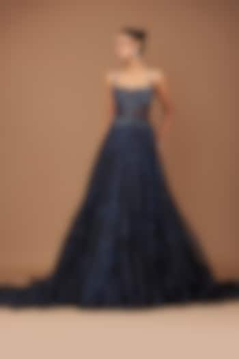 Navy Blue Organza Printed & Crystal Embroidered Gown by Dolly J at Pernia's Pop Up Shop