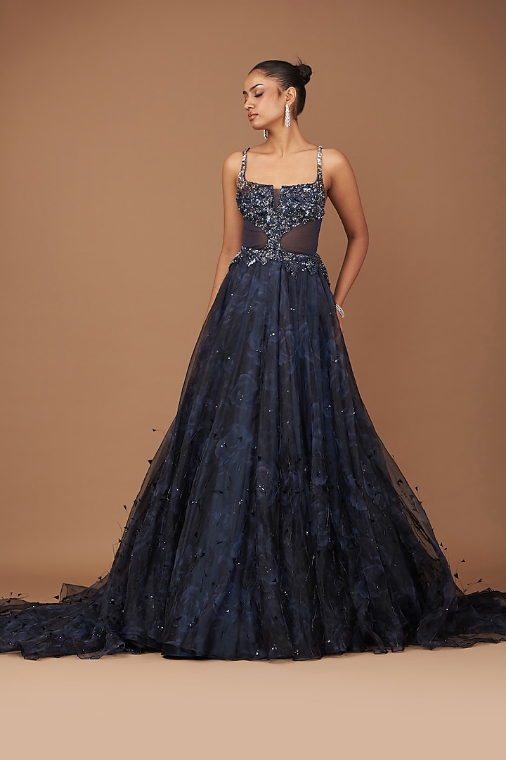 Navy Blue Organza Printed & Crystal Embroidered Gown by Dolly J at Pernia's Pop Up Shop