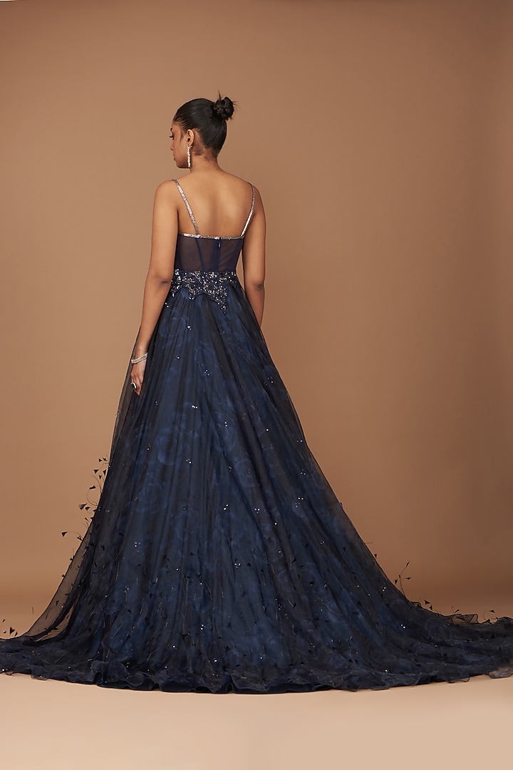 Navy Blue Organza Printed & Crystal Embroidered Wedding Gown by Dolly J at Pernia's Pop Up Shop