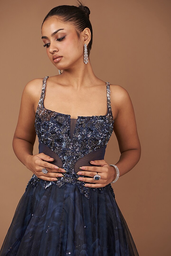 Navy Blue Organza Printed & Crystal Embroidered Wedding Gown by Dolly J at Pernia's Pop Up Shop