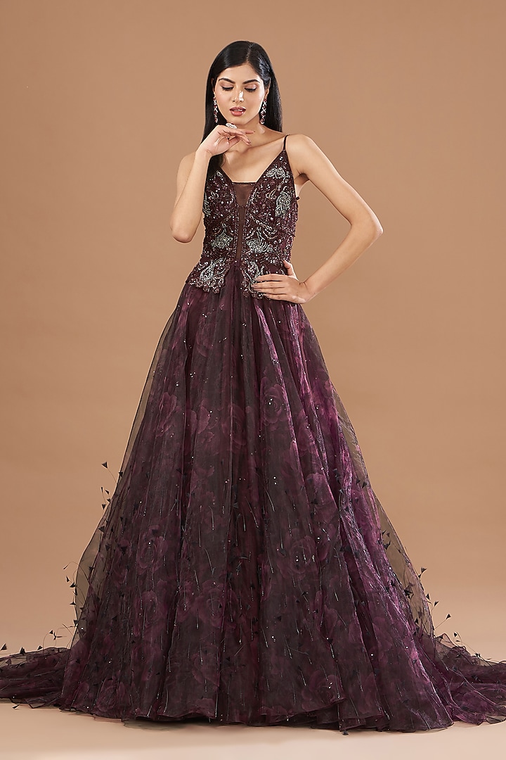 Wine Organza Printed & Crystal Embroidered Gown by Dolly J at Pernia's Pop Up Shop