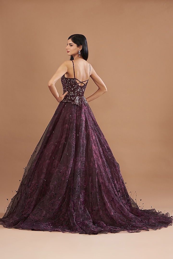 Wine Organza Printed & Crystal Embroidered Wedding Gown by Dolly J at Pernia's Pop Up Shop