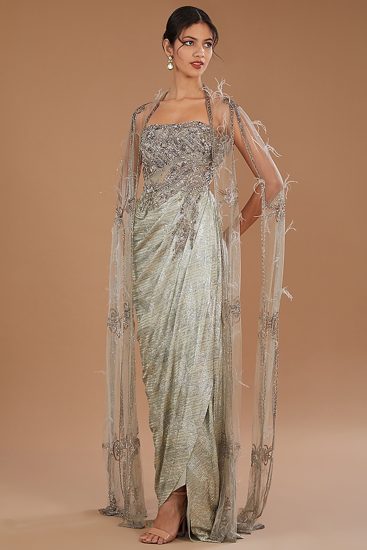 Pale Grey Lycra Satin Wedding Gown With Cape by Dolly J at Pernia's Pop Up Shop