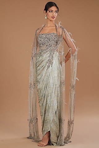 Pale Grey Lycra Satin Gown With Cape by Dolly J
