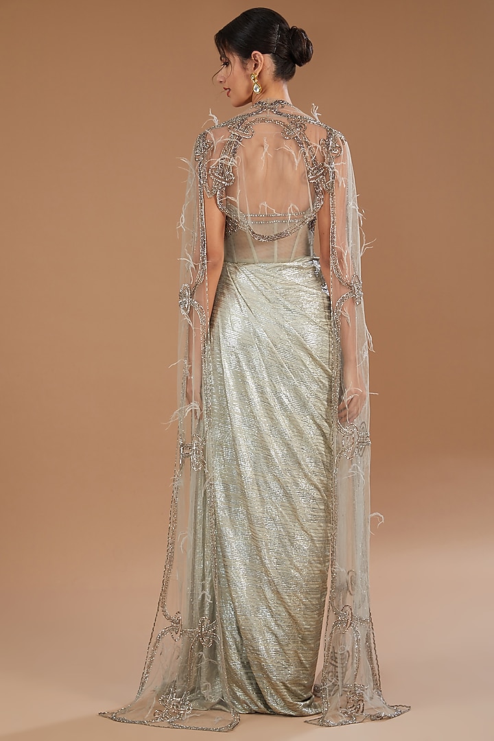 Pale Grey Lycra Satin Wedding Gown With Cape by Dolly J at Pernia's Pop Up Shop