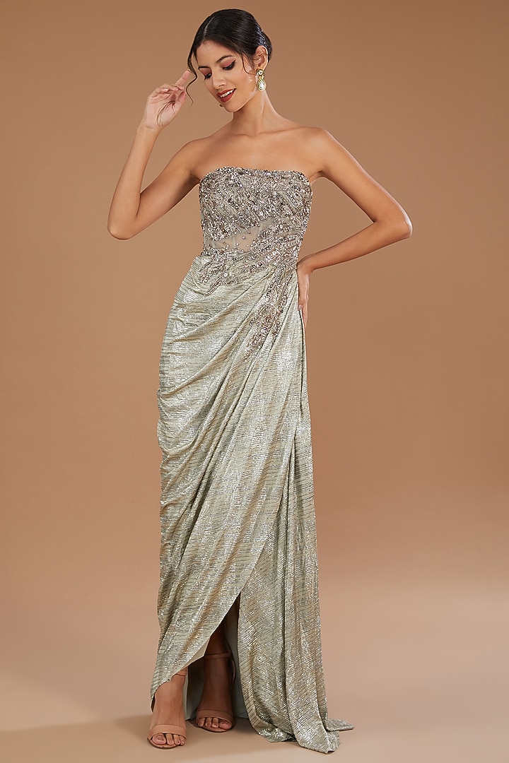 Pale Grey Lycra Satin Wedding Gown With Cape by Dolly J at Pernia's Pop Up Shop