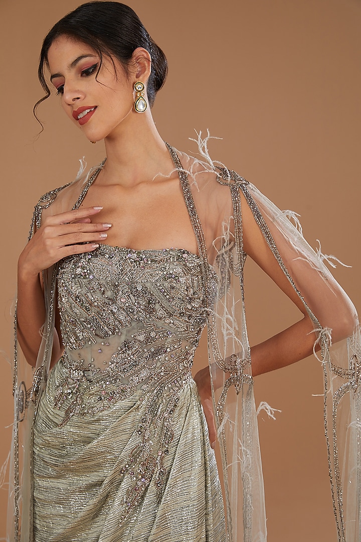 Pale Grey Lycra Satin Wedding Gown With Cape by Dolly J at Pernia's Pop Up Shop