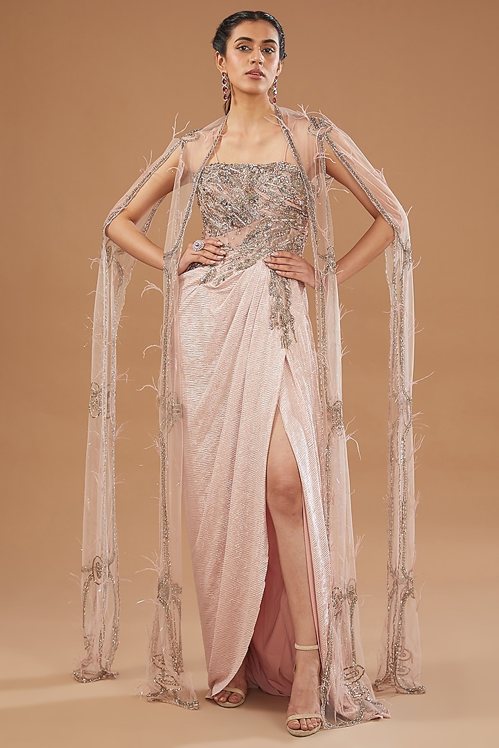 Blush Pink Lycra Satin Draped Gown With Cape by Dolly J