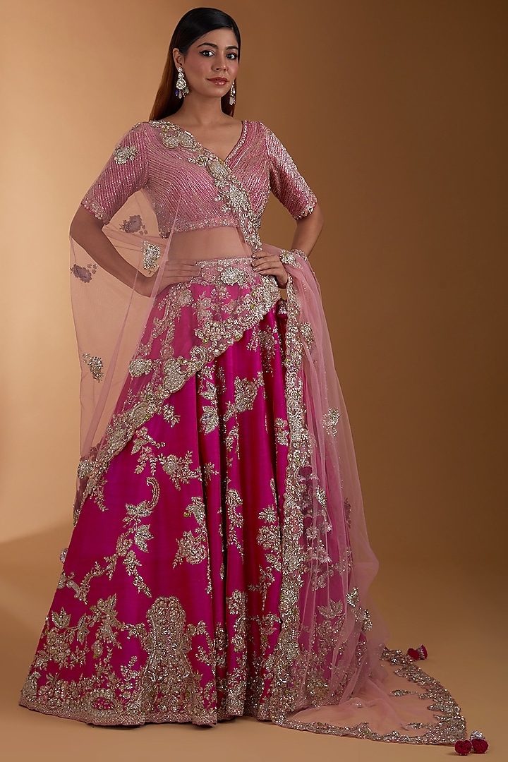 Fuchsia Raw Silk Embroidered Bridal Lehenga Set by Dolly J at Pernia's