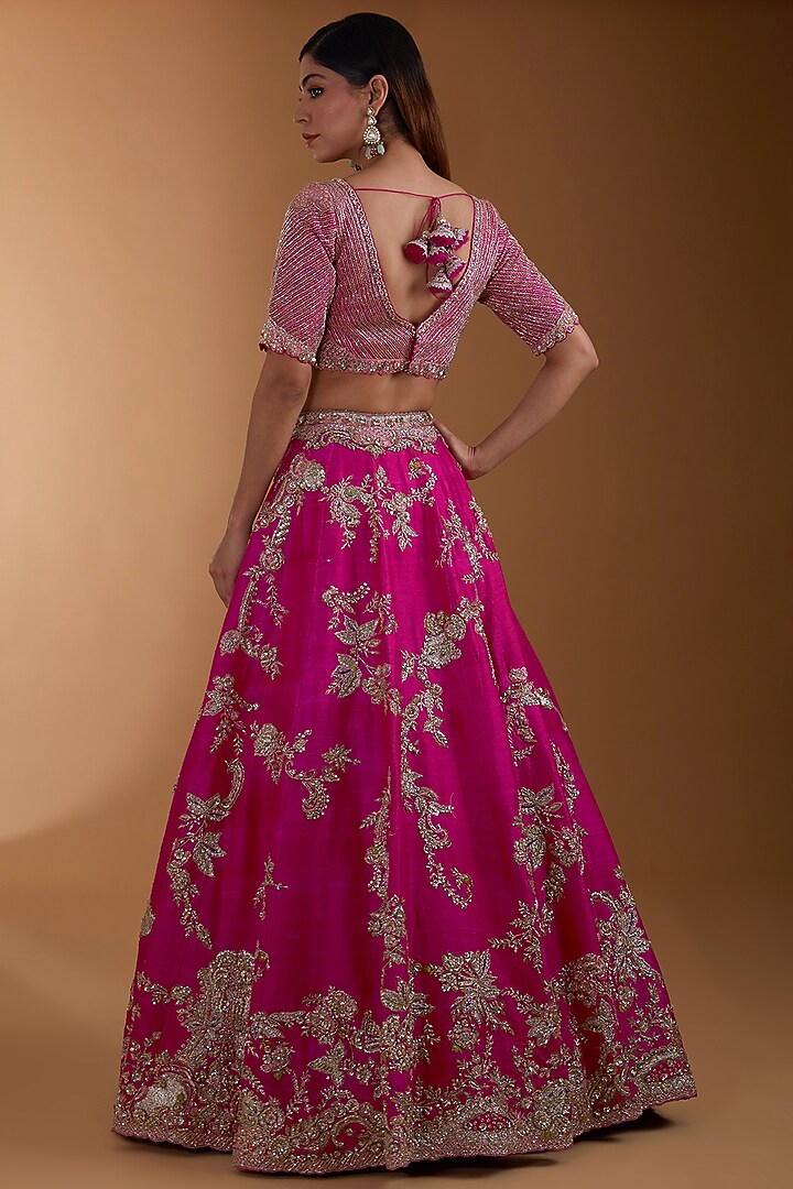 Fuchsia Raw Silk Embroidered Bridal Lehenga Set by Dolly J at Pernia's Pop Up Shop