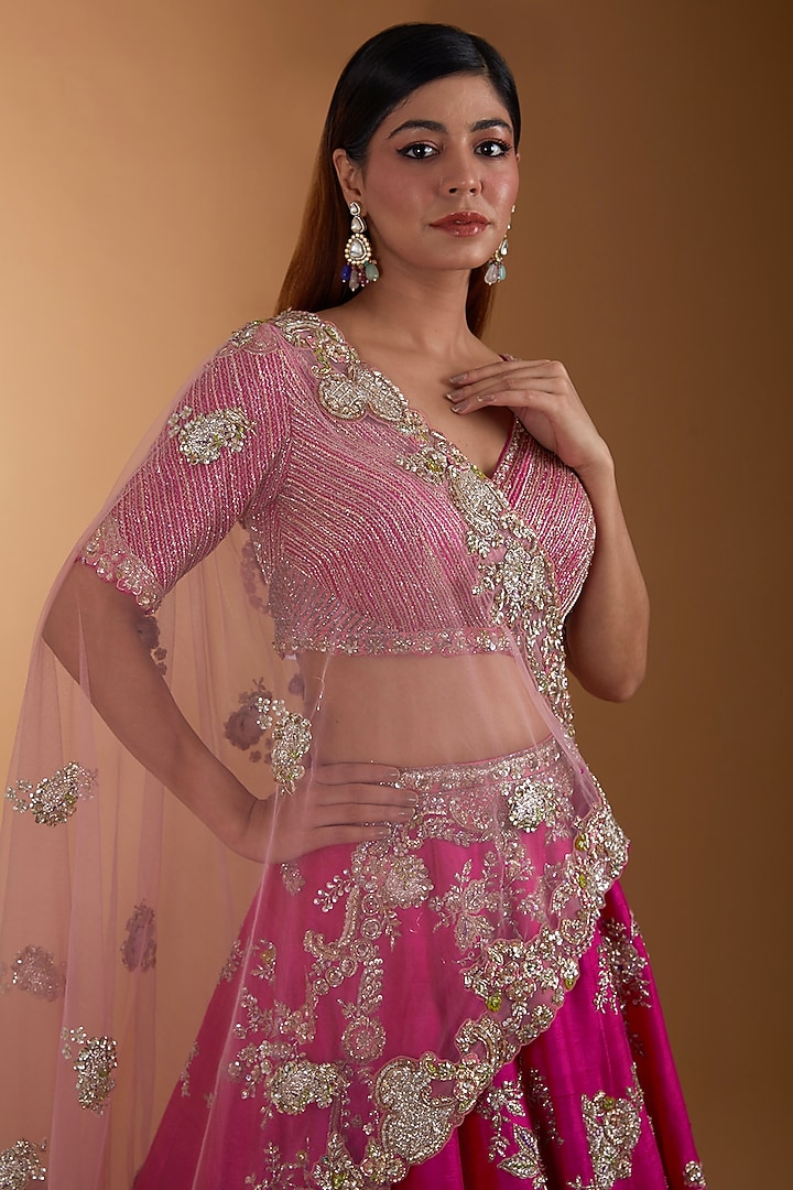 Fuchsia Raw Silk Embroidered Bridal Lehenga Set by Dolly J at Pernia's Pop Up Shop
