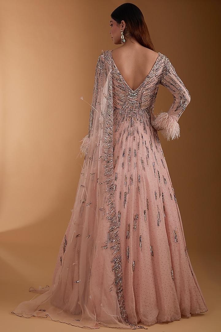 Pink Organza Embellished Bridal Anarkali Set by Dolly J at Pernia's Pop Up Shop