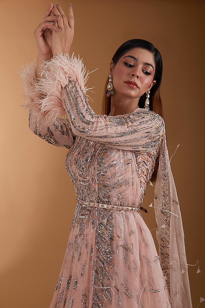 Pink Organza Embellished Bridal Anarkali Set by Dolly J at Pernia's Pop Up Shop