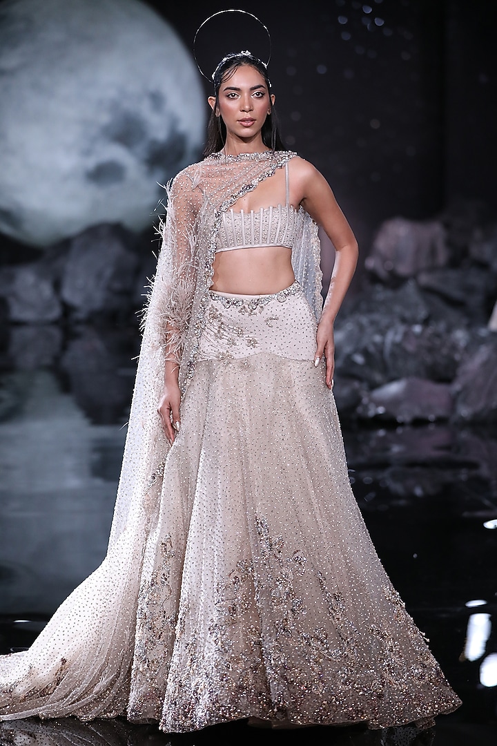 Dusty Pink Tulle Embroidered Bridal Lehenga Set by Dolly J at Pernia's Pop Up Shop