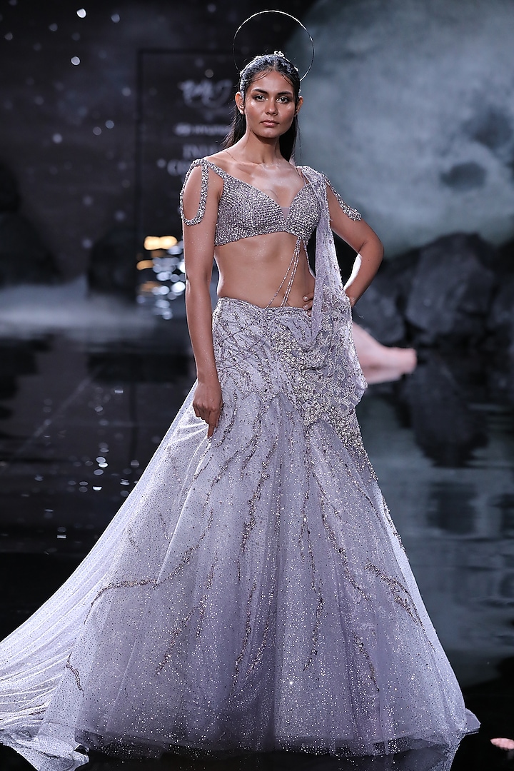 Pale Mauve Shimmer Tulle Embroidered Bridal Lehenga Set by Dolly J at Pernia's Pop Up Shop