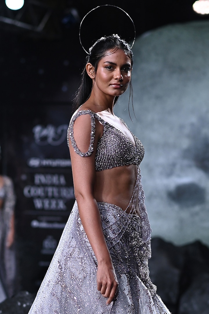 Pale Mauve Shimmer Tulle Embroidered Bridal Lehenga Set by Dolly J at Pernia's Pop Up Shop