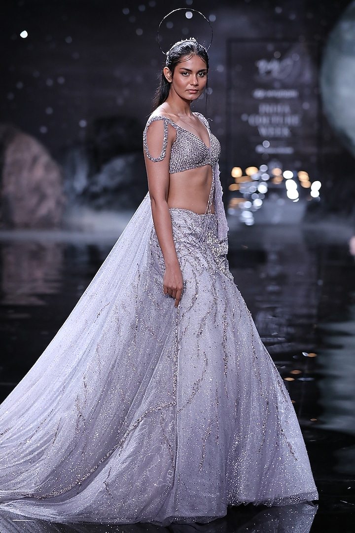 Pale Mauve Shimmer Tulle Embroidered Bridal Lehenga Set by Dolly J at Pernia's Pop Up Shop