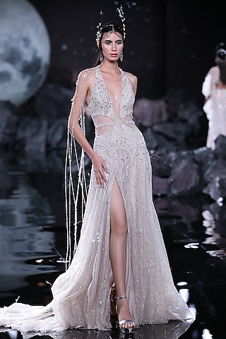 Ivory Shimmer Tulle Embroidered Gown by Dolly J
