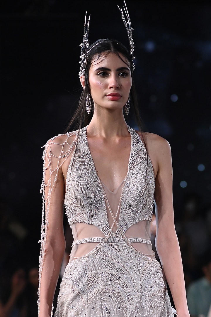 Ivory Shimmer Tulle Embroidered Bridal Gown by Dolly J at Pernia's Pop Up Shop