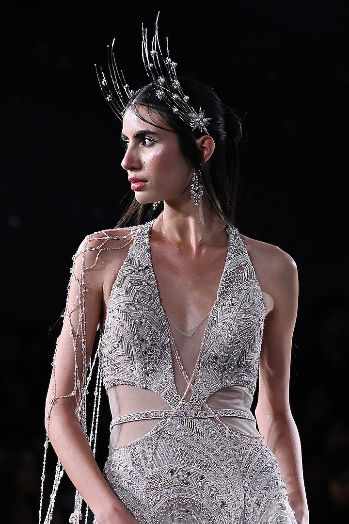 Ivory Shimmer Tulle Embroidered Bridal Gown by Dolly J at Pernia's Pop Up Shop