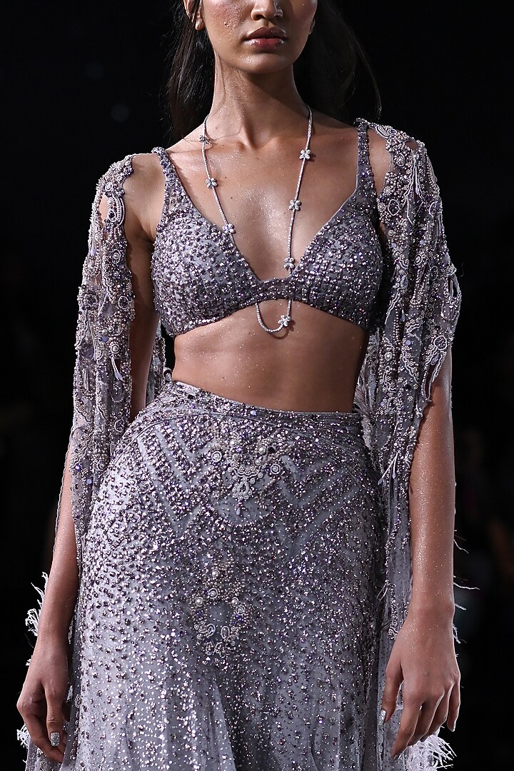 Pale Mauve Shimmer Tulle Embroidered Bridal Lehenga Set by Dolly J at Pernia's Pop Up Shop