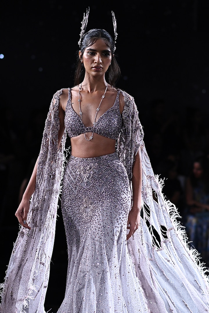 Pale Mauve Shimmer Tulle Embroidered Bridal Lehenga Set by Dolly J at Pernia's Pop Up Shop