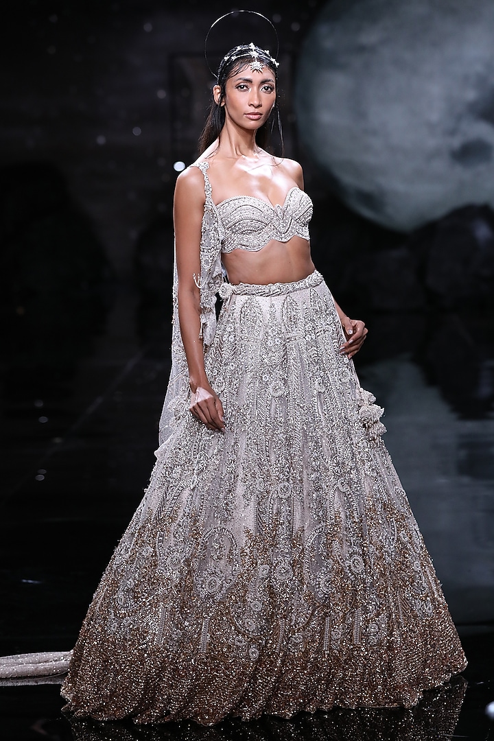 Dusty Ivory Shimmer Tulle Hand Embroidered Bridal Lehenga Set by Dolly J at Pernia's Pop Up Shop