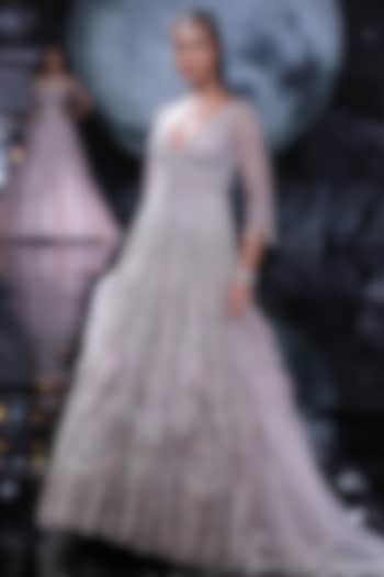 Pale Pink Shimmer Tulle Embroidered Bridal Gown With Dupatta by Dolly J at Pernia's Pop Up Shop