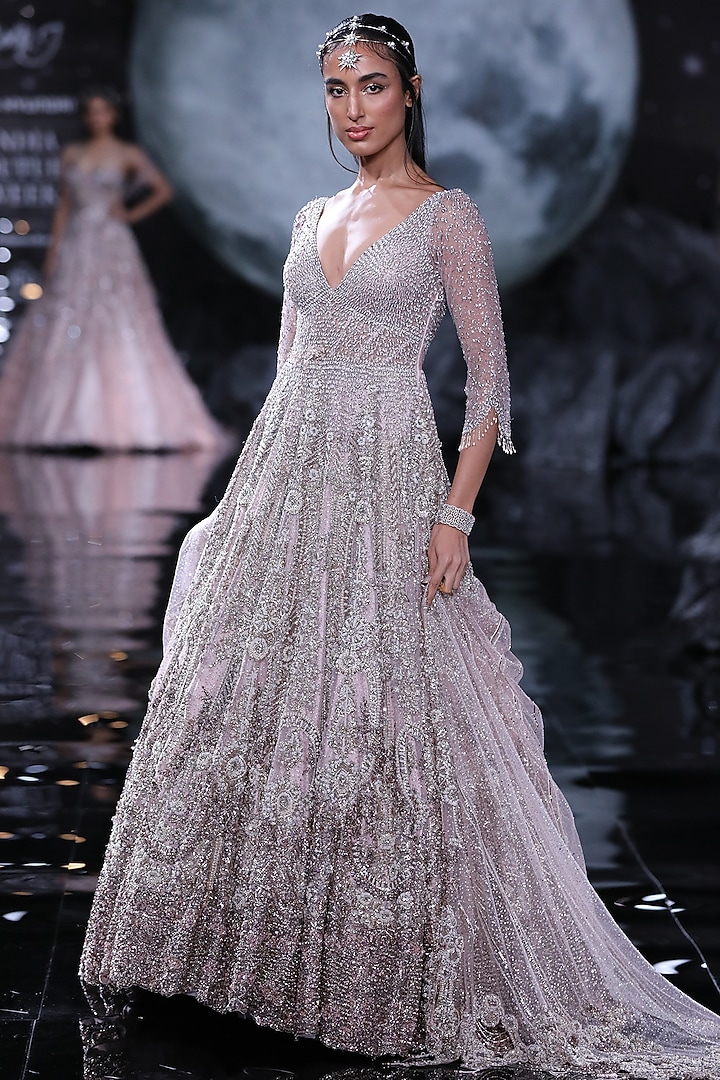 Pale Pink Shimmer Tulle Embroidered Bridal Gown With Dupatta by Dolly J at Pernia's Pop Up Shop