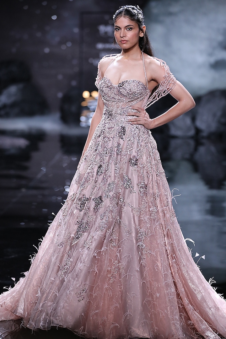 Pale Pink Tissue Embroidered Gown Design by Dolly J at Pernia's Pop Up