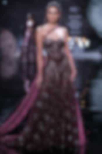 Maroon Shimmer Tulle Embroidered Bridal Gown by Dolly J at Pernia's Pop Up Shop