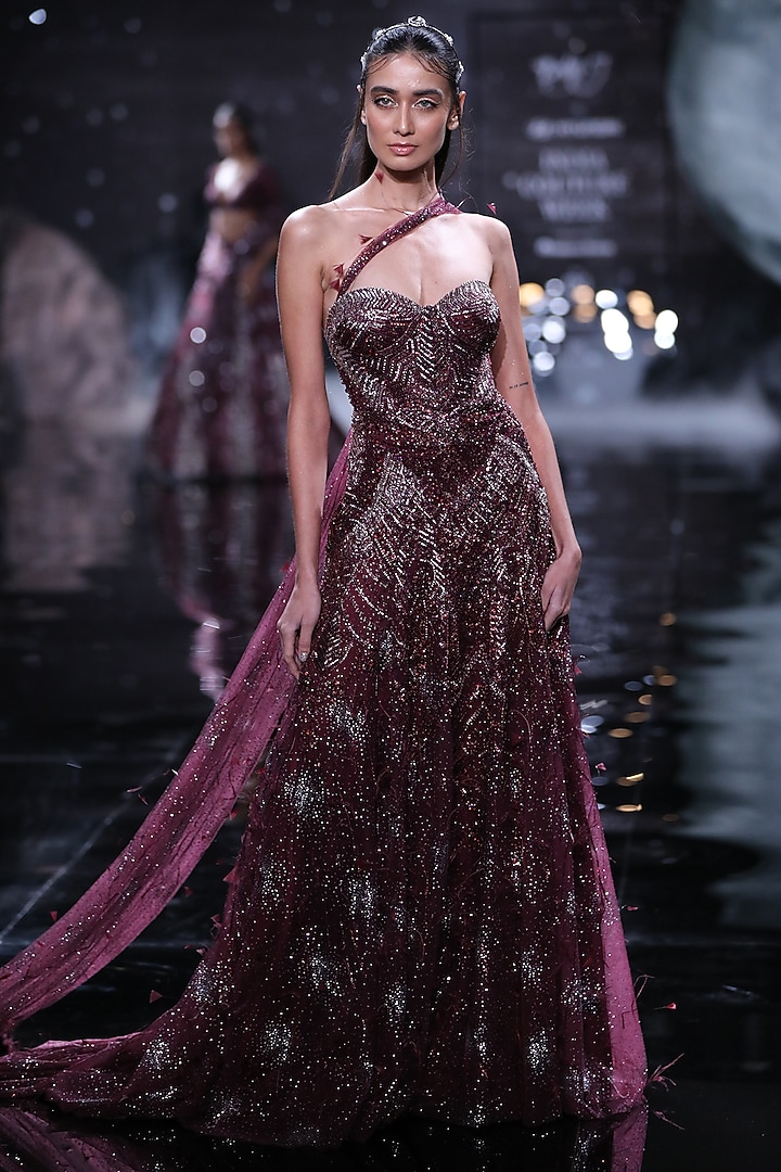 Maroon Shimmer Tulle Embroidered Bridal Gown by Dolly J at Pernia's Pop Up Shop