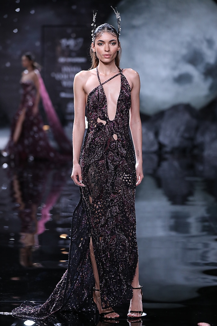 Black Tulle Embroidered Gown by Dolly J
