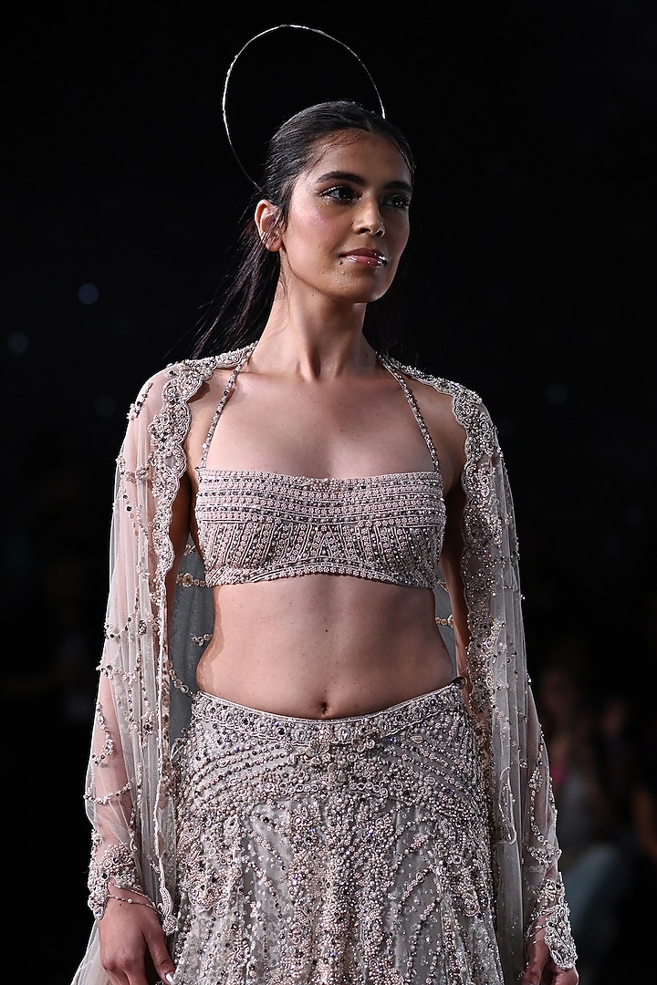 Silver Shimmer Tulle Embroidered Bridal Lehenga Set by Dolly J at Pernia's Pop Up Shop