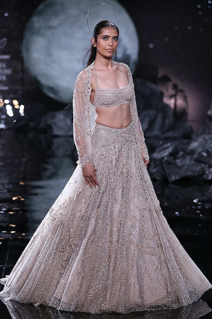 Silver Shimmer Tulle Embroidered Bridal Lehenga Set by Dolly J at Pernia's Pop Up Shop