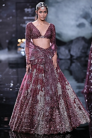 Maroon Shimmer Tulle Embroidered Lehenga Set by Dolly J