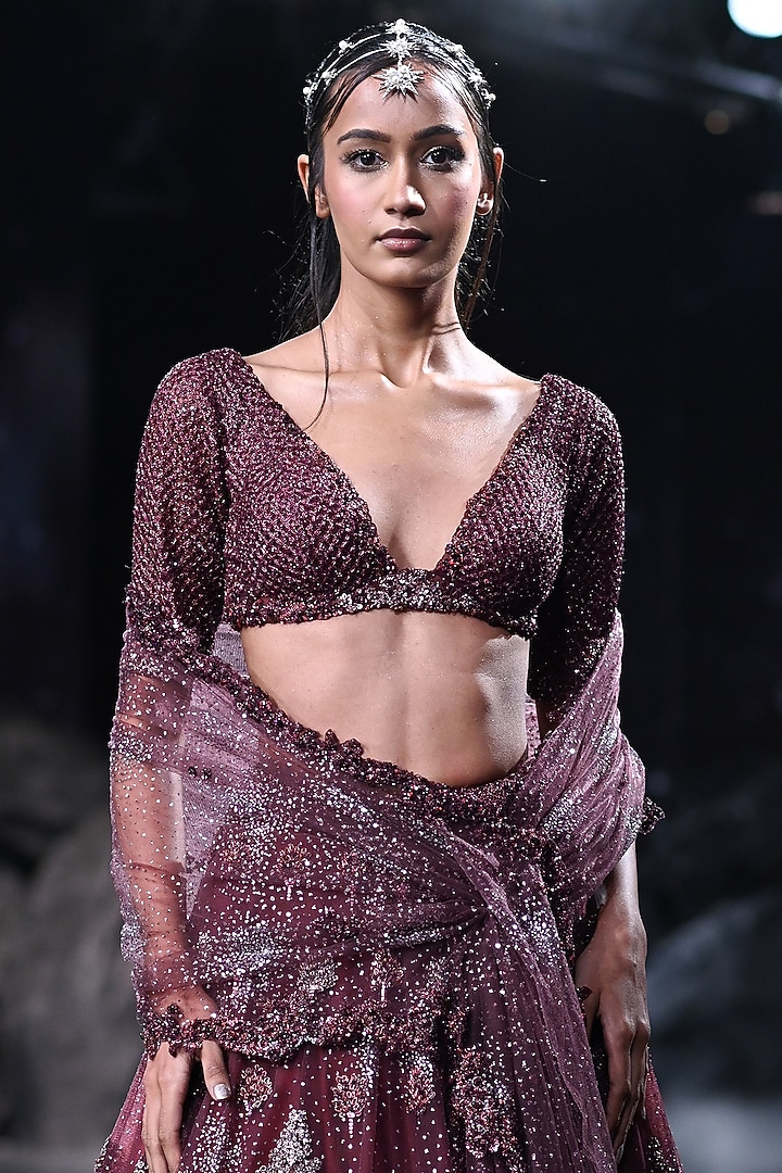 Maroon Shimmer Tulle Embroidered Bridal Lehenga Set by Dolly J at Pernia's Pop Up Shop