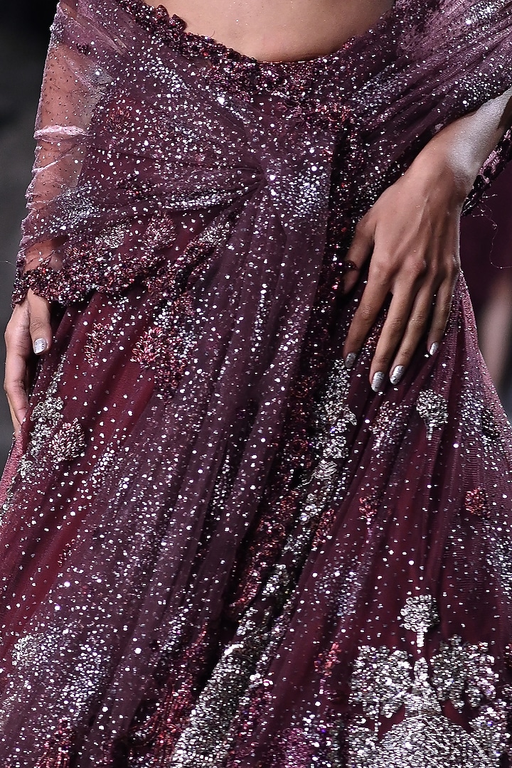 Maroon Shimmer Tulle Embroidered Bridal Lehenga Set by Dolly J at Pernia's Pop Up Shop