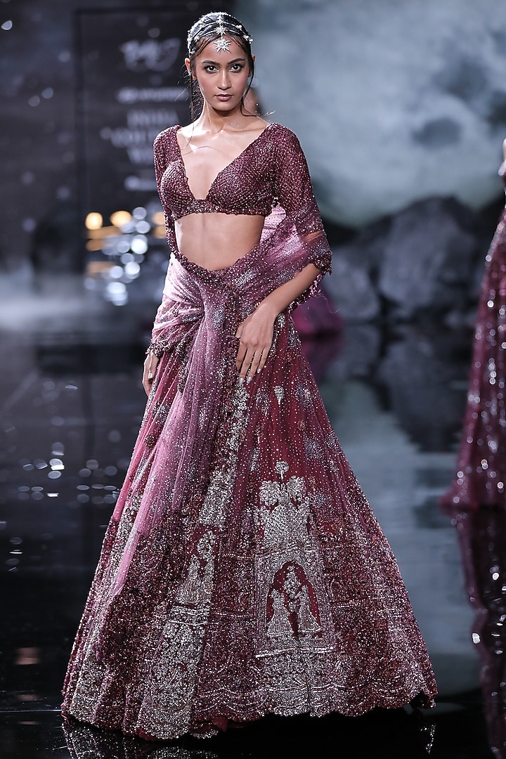 Maroon Shimmer Tulle Embroidered Bridal Lehenga Set by Dolly J at Pernia's Pop Up Shop