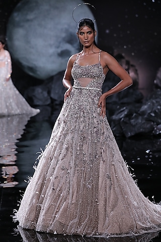 Dusty Copper Shimmer Tulle Embroidered Gown by Dolly J