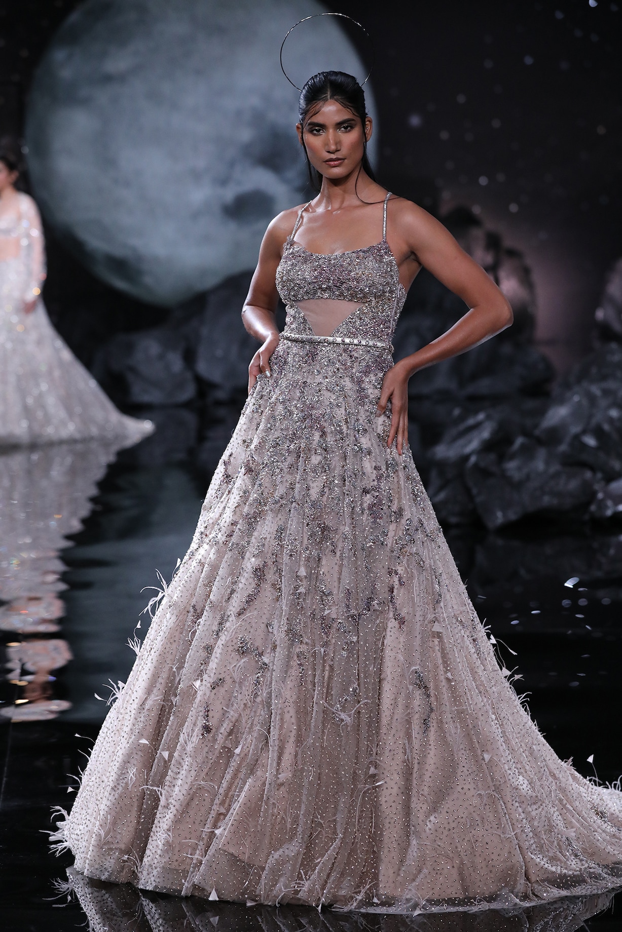 Dusty Copper Shimmer Tulle Embroidered Gown by Dolly J at Pernia's