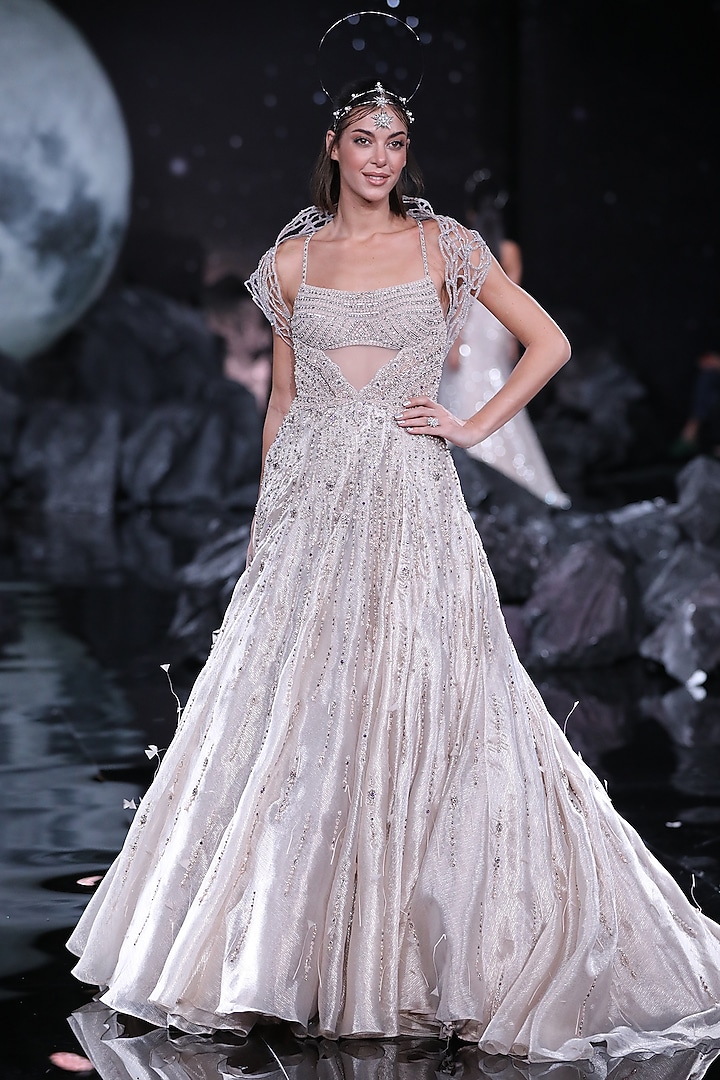 Ivory Tissue Embroidered Bridal Gown by Dolly J at Pernia's Pop Up Shop
